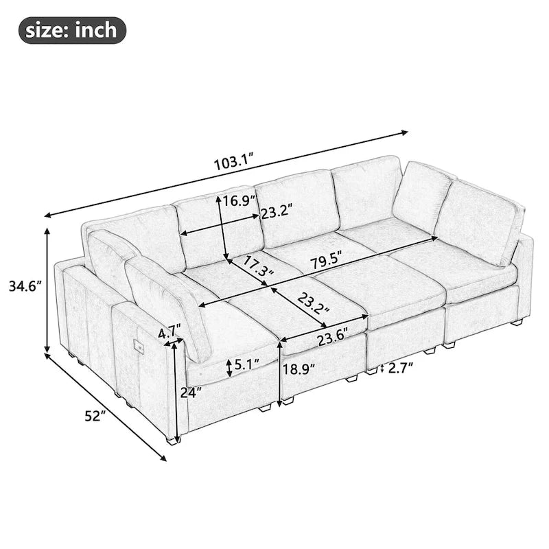 103   Sectional Sofa Couch Sofa Bed U-shaped Sofa with Two Movable Ottoman and Three USB Ports