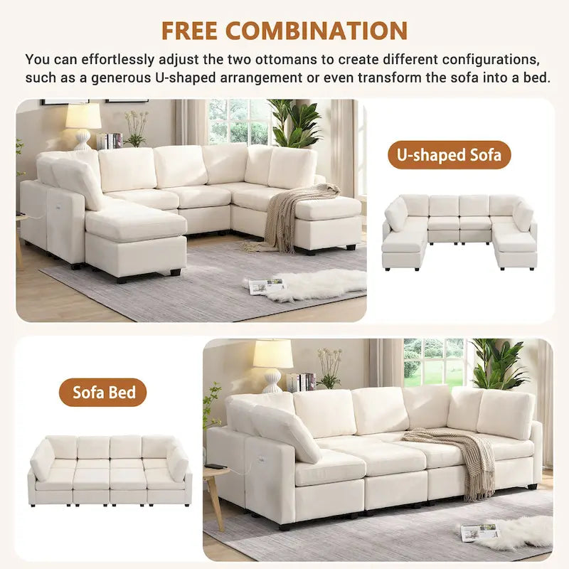 103   Sectional Sofa Couch Sofa Bed U-shaped Sofa with Two Movable Ottoman and Three USB Ports