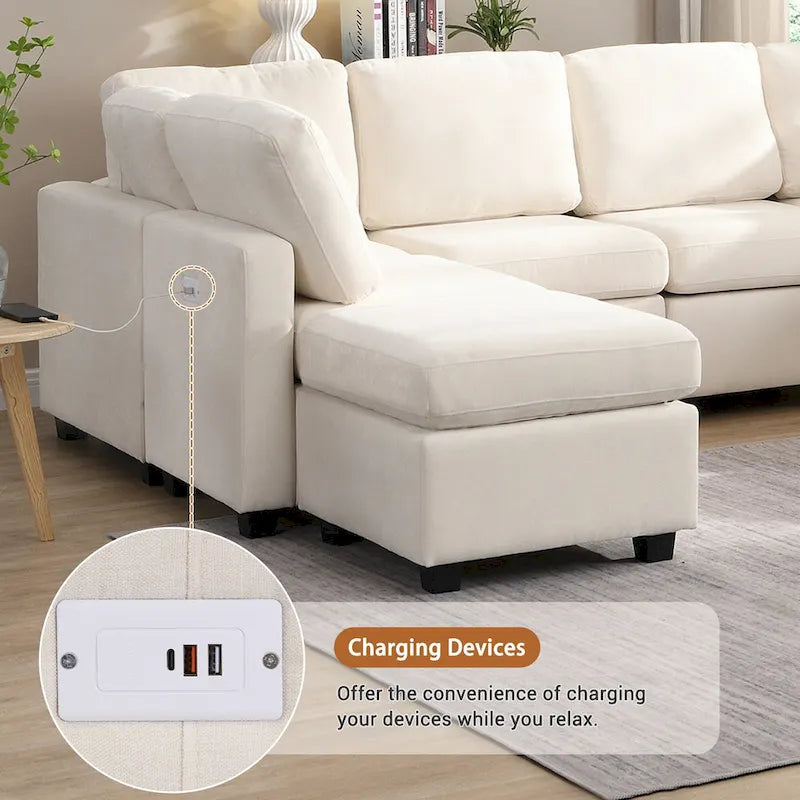 103   Sectional Sofa Couch Sofa Bed U-shaped Sofa with Two Movable Ottoman and Three USB Ports