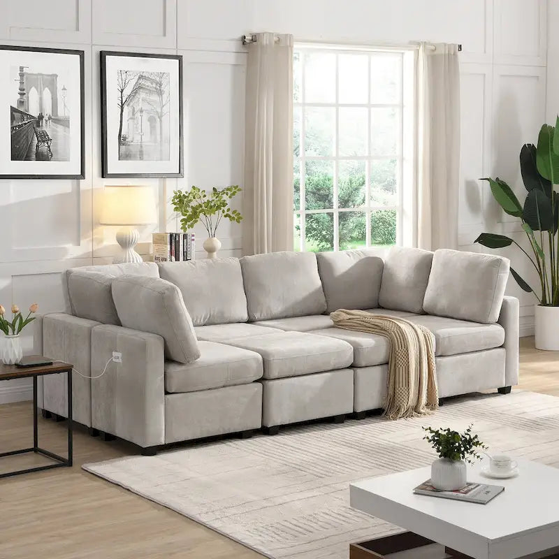 103   Sectional Sofa Couch Sofa Bed U-shaped Sofa with Two Movable Ottoman and Three USB Ports