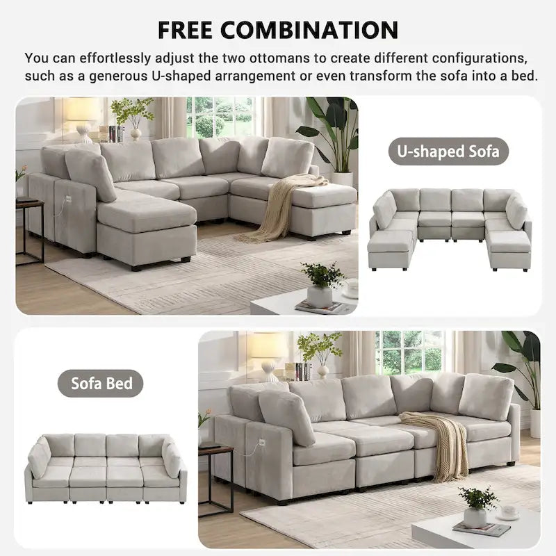 103   Sectional Sofa Couch Sofa Bed U-shaped Sofa with Two Movable Ottoman and Three USB Ports