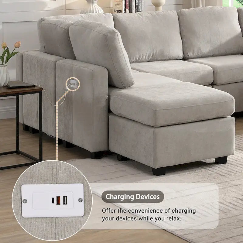 103   Sectional Sofa Couch Sofa Bed U-shaped Sofa with Two Movable Ottoman and Three USB Ports
