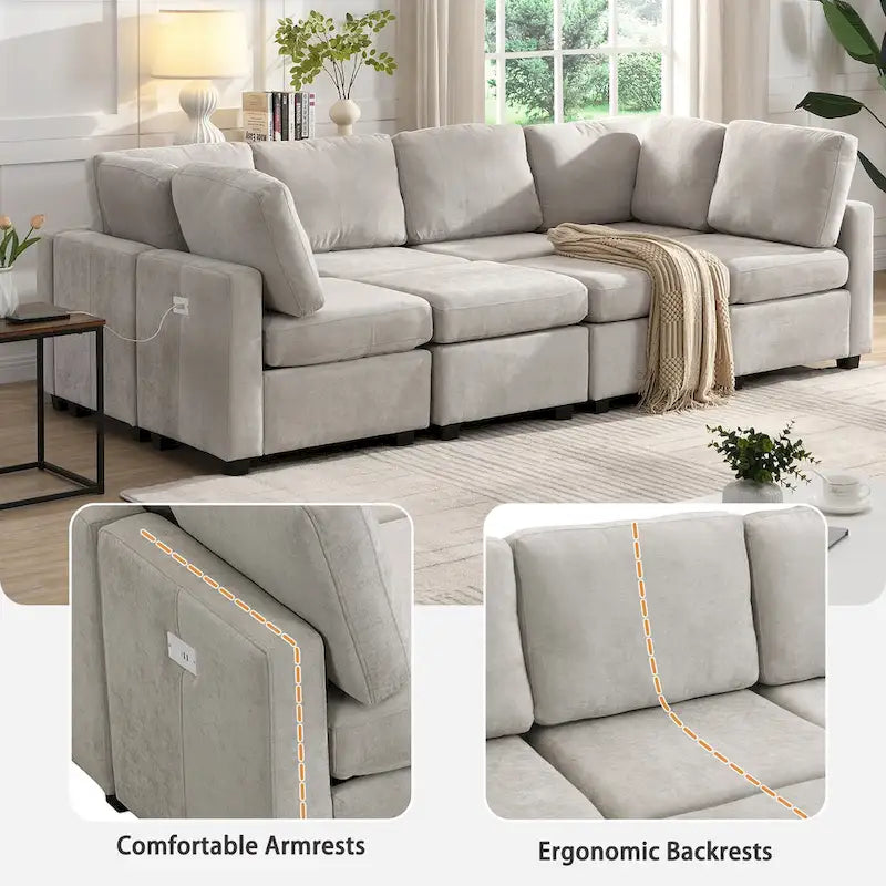 103   Sectional Sofa Couch Sofa Bed U-shaped Sofa with Two Movable Ottoman and Three USB Ports
