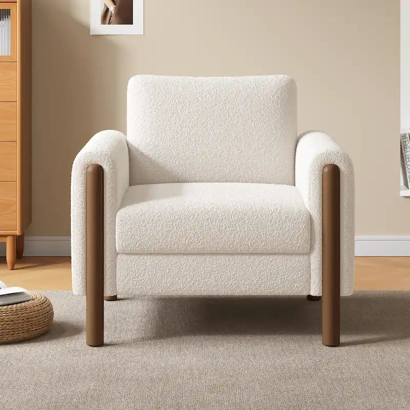 White 33.5   Upholstered Accent Chair with Walnut Legs and Curved Handrail