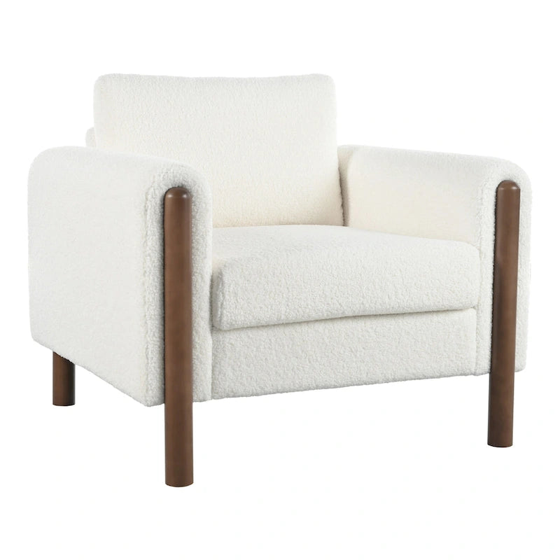 White 33.5   Upholstered Accent Chair with Walnut Legs and Curved Handrail