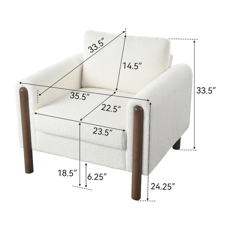 White 33.5   Upholstered Accent Chair with Walnut Legs and Curved Handrail