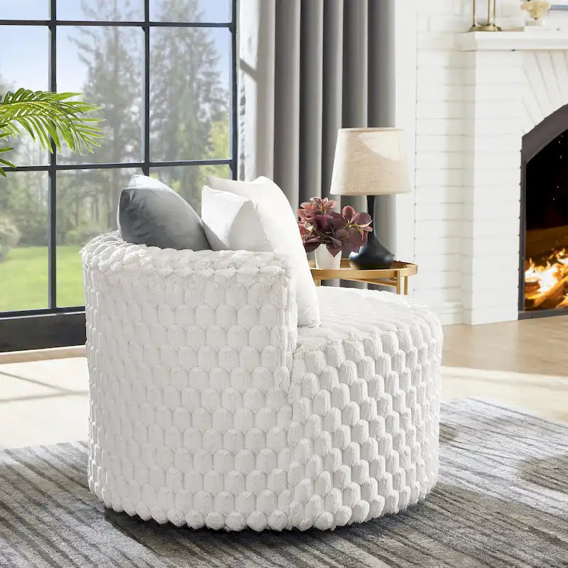 Off White 35   3D Upholstered Barrel Chair with Wheels