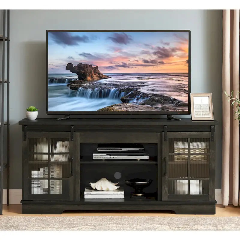 Multipurpose Sliding Door TV Stand Large Storage Cabinet with 2 Sliding Fluted Glass Tempered Doors, TV Up to 65  