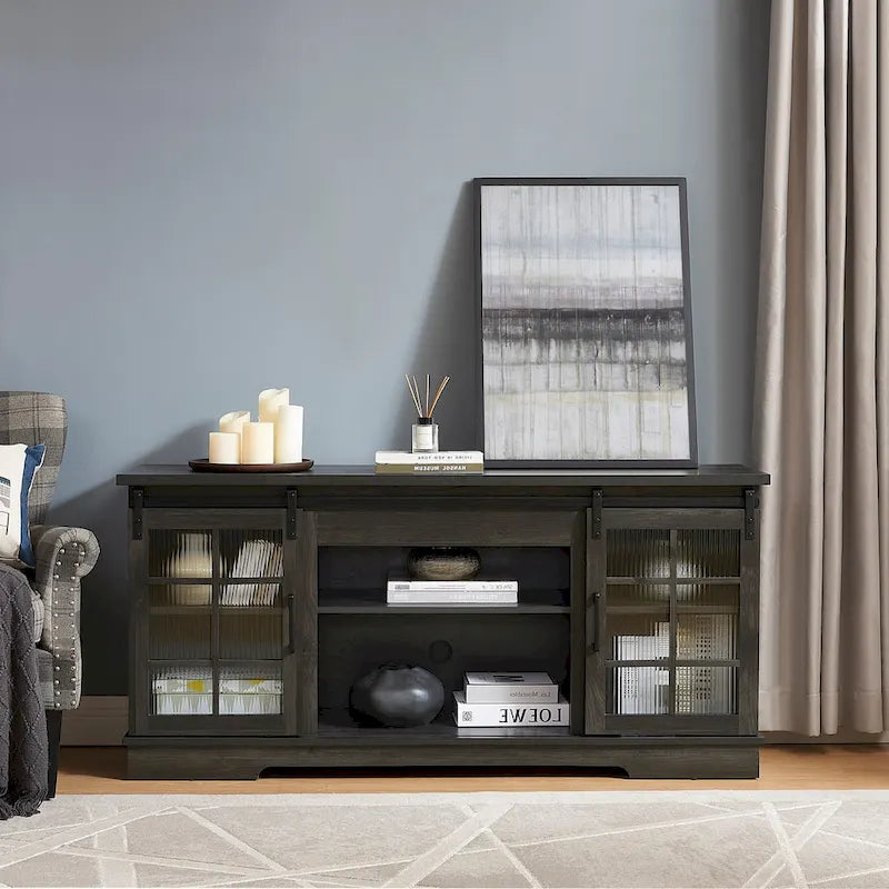 Multipurpose Sliding Door TV Stand Large Storage Cabinet with 2 Sliding Fluted Glass Tempered Doors, TV Up to 65