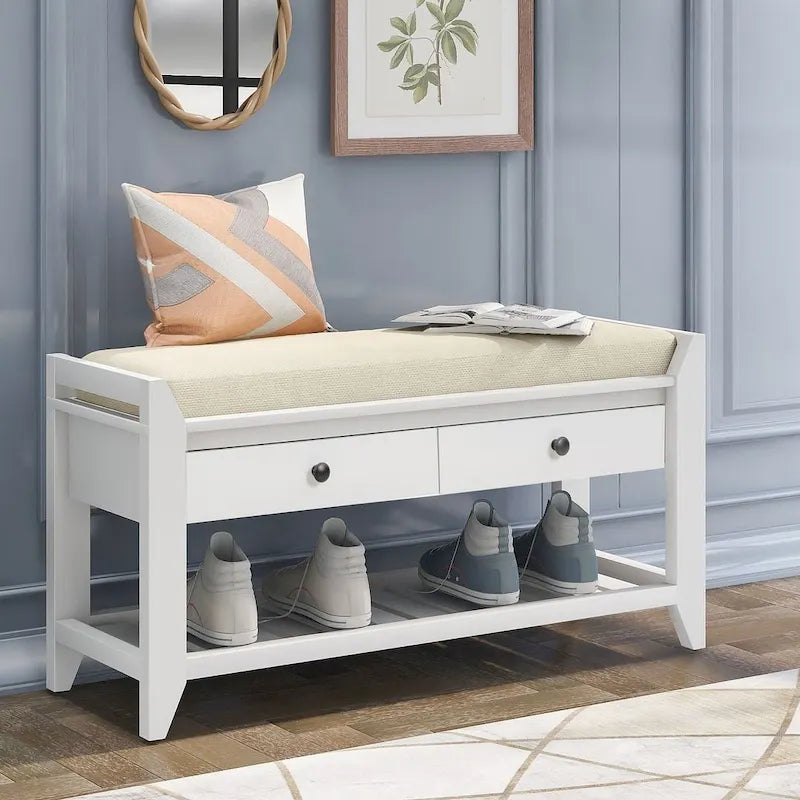 39 Farmhouse Versatile Entry Upholstered Storage Bench with 2 Drawers and 1 Shoe Rack