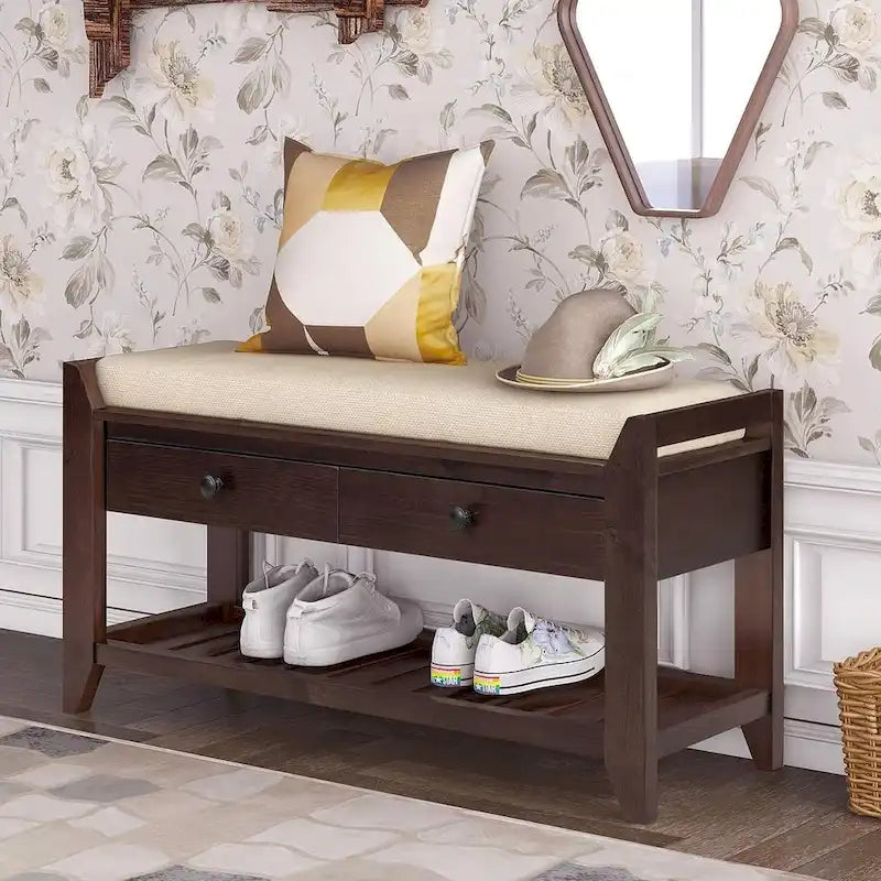 39 Farmhouse Versatile Entry Upholstered Storage Bench with 2 Drawers and 1 Shoe Rack