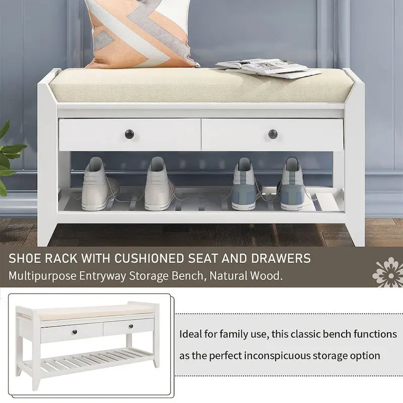 39 Farmhouse Versatile Entry Upholstered Storage Bench with 2 Drawers and 1 Shoe Rack