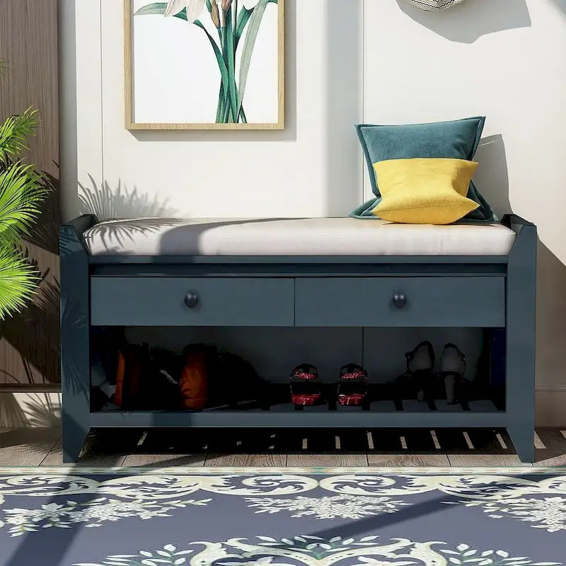 39 Farmhouse Versatile Entry Upholstered Storage Bench with 2 Drawers and 1 Shoe Rack