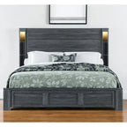 HomeRoots Dark Gray Distressed Wood Lighted King Bed Frame