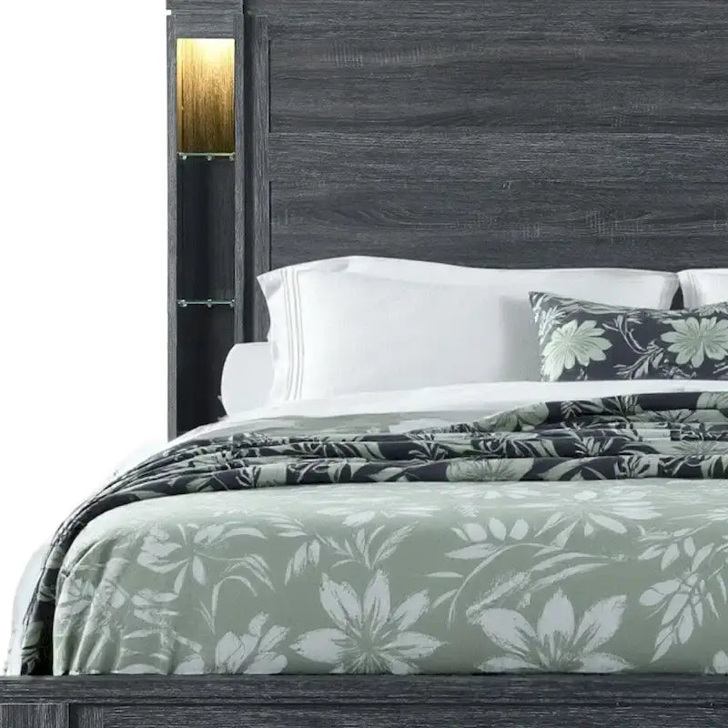 HomeRoots Dark Gray Distressed Wood Lighted King Bed Frame