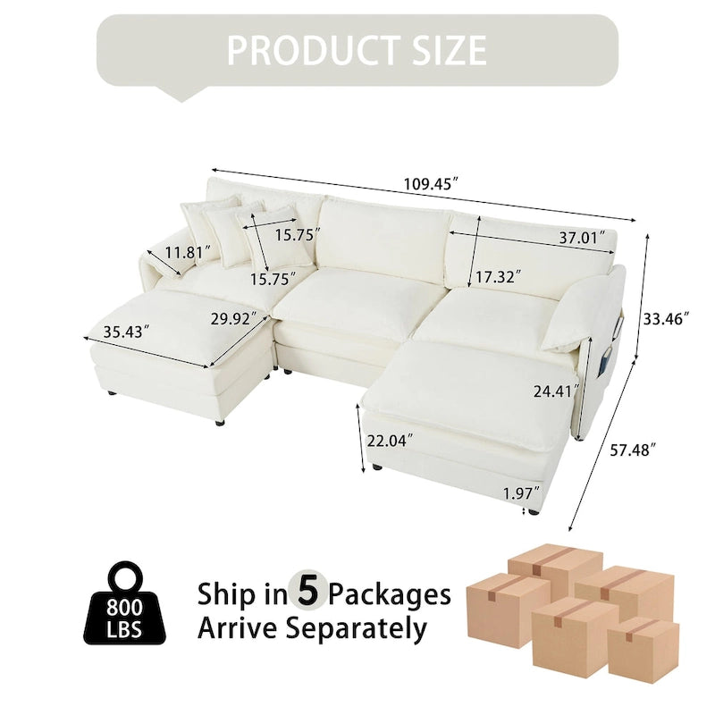 109.45   Chenille Upholstered U-Shaped Modular Sectional Sofa with Double-Layer Cushions, DIY Combination