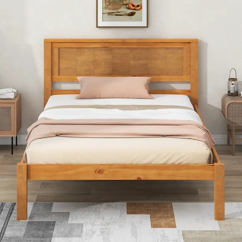 Twin Size Wood Platform Bed w/ Classic Headboard Upholstered Bed Frame for Bed Room No Box Spring Needed, Easy Assembly