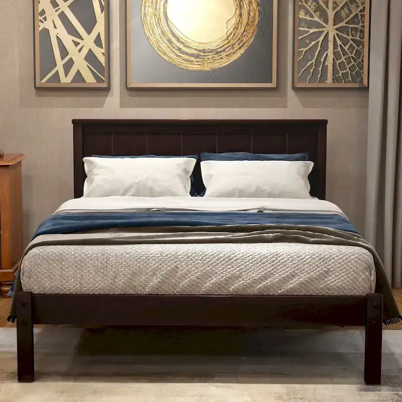 Twin Size Wood Platform Bed w/ Classic Headboard Upholstered Bed Frame for Bed Room No Box Spring Needed, Easy Assembly
