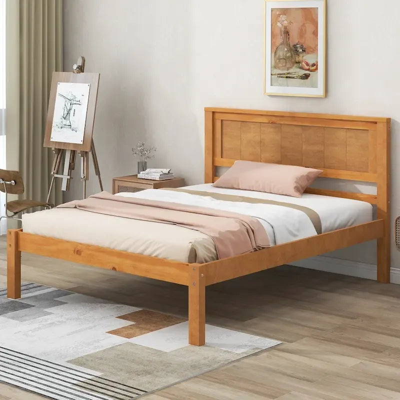 Twin Size Wood Platform Bed w/ Classic Headboard Upholstered Bed Frame for Bed Room No Box Spring Needed, Easy Assembly