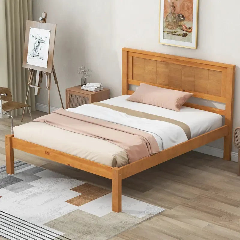 Twin Size Wood Platform Bed w/ Classic Headboard Upholstered Bed Frame for Bed Room No Box Spring Needed, Easy Assembly
