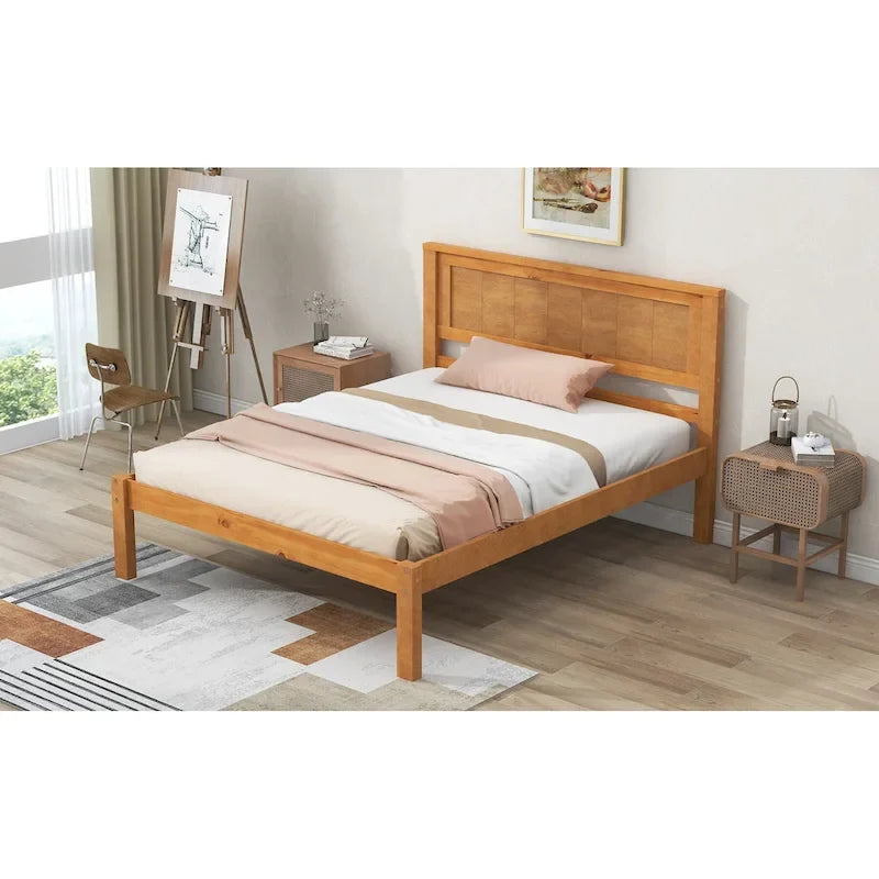 Twin Size Wood Platform Bed w/ Classic Headboard Upholstered Bed Frame for Bed Room No Box Spring Needed, Easy Assembly