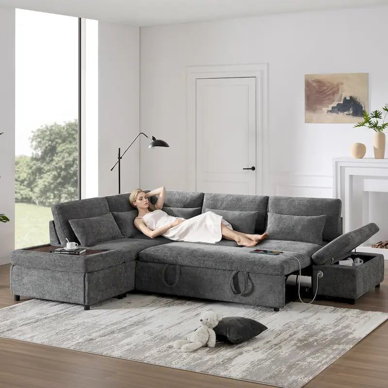 107   Oversized Chenille Modular Sectional Pull-out Sofa, Free Movement Storage Ottoman