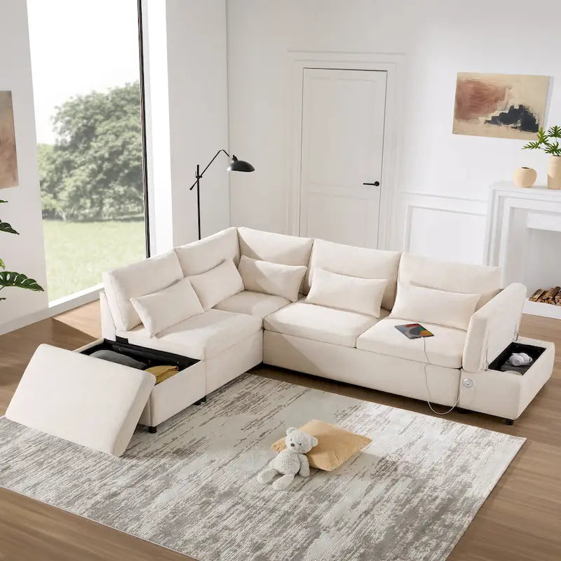 107   Oversized Chenille Modular Sectional Pull-out Sofa, Free Movement Storage Ottoman