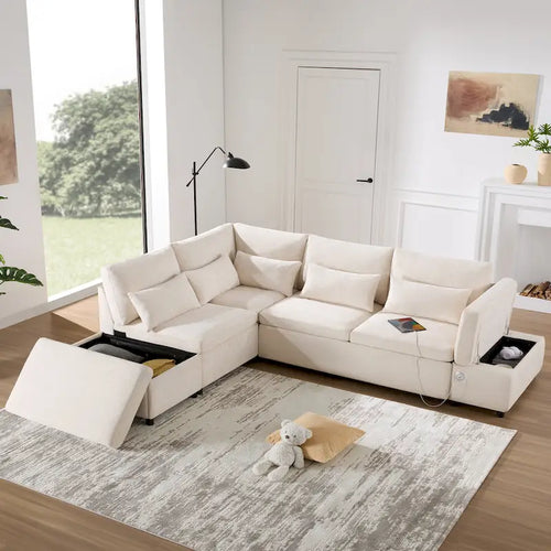 107   Oversized Chenille Modular Sectional Pull-out Sofa, Free Movement Storage Ottoman