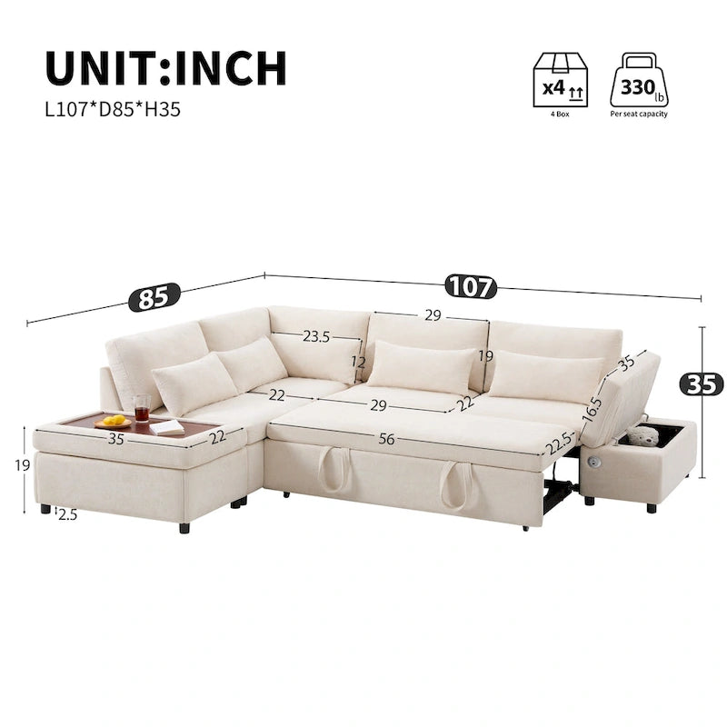 107   Oversized Chenille Modular Sectional Pull-out Sofa, Free Movement Storage Ottoman