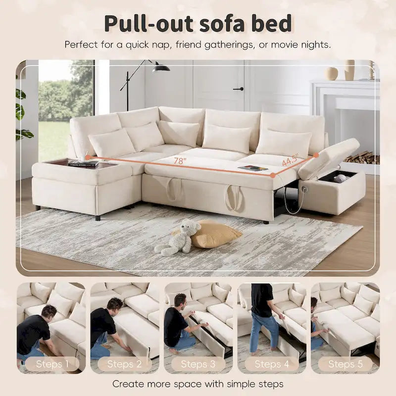 107   Oversized Chenille Modular Sectional Pull-out Sofa, Free Movement Storage Ottoman