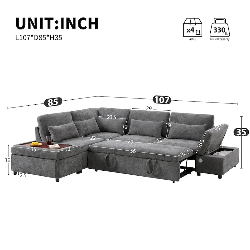 107   Oversized Chenille Modular Sectional Pull-out Sofa, Free Movement Storage Ottoman