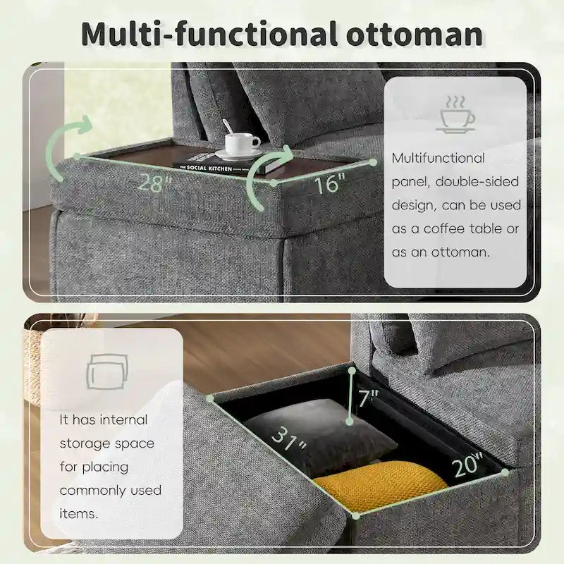 107   Oversized Chenille Modular Sectional Pull-out Sofa, Free Movement Storage Ottoman