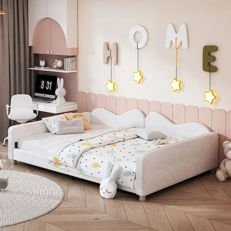 Full size Upholstered Daybed, Sherpa Fabric Sofabed with Cloud-Shaped Backrest, No Box-spring Needed, White