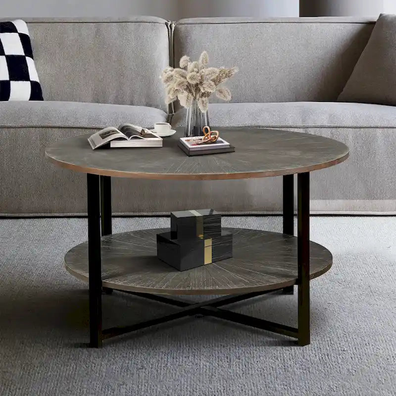 31.5   Farmhouse Round Coffee Table with 2-Tier Storage & Metal Leg