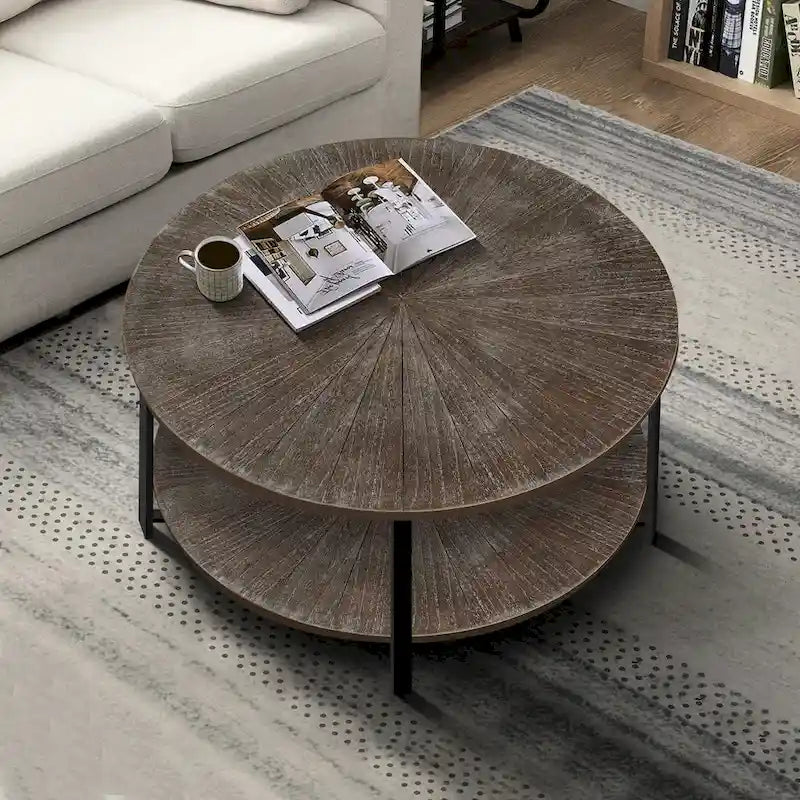 31.5   Farmhouse Round Coffee Table with 2-Tier Storage & Metal Leg