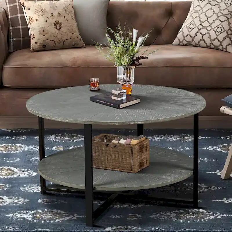 31.5   Farmhouse Round Coffee Table with 2-Tier Storage & Metal Leg