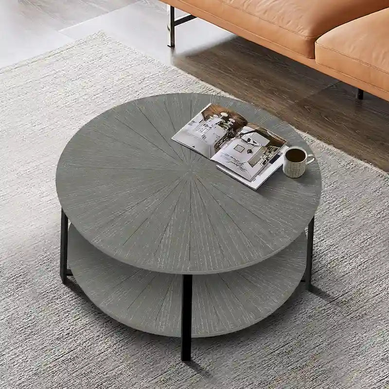 31.5   Farmhouse Round Coffee Table with 2-Tier Storage & Metal Leg