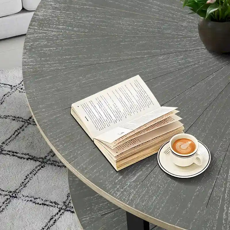 31.5   Farmhouse Round Coffee Table with 2-Tier Storage & Metal Leg