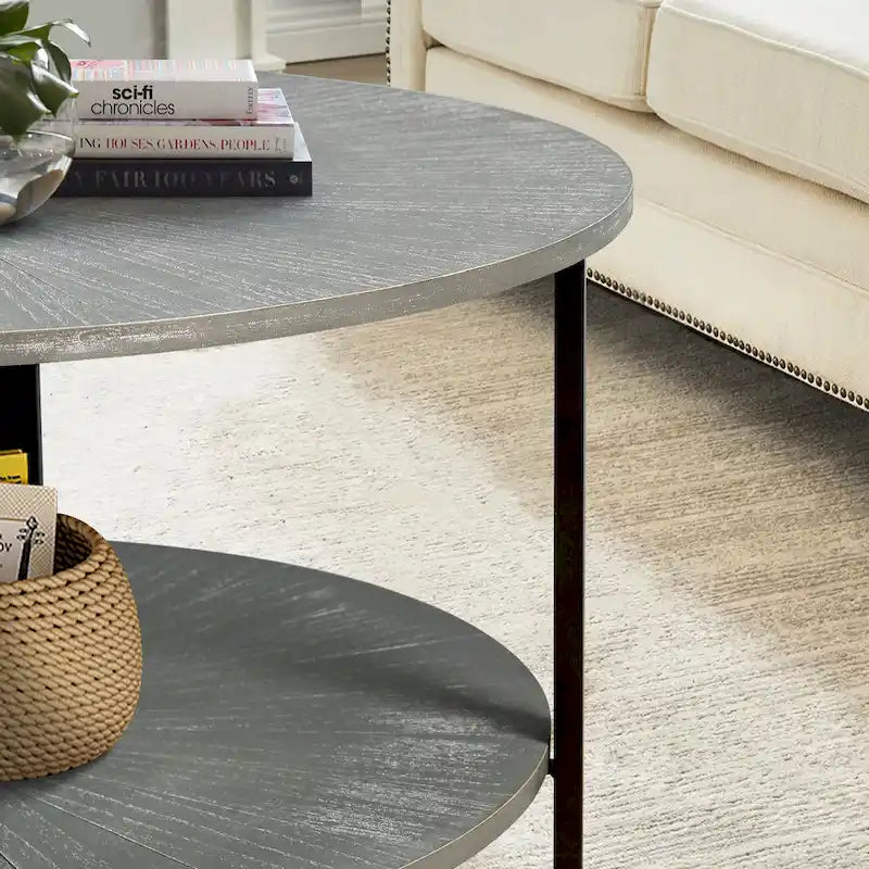 31.5   Farmhouse Round Coffee Table with 2-Tier Storage & Metal Leg