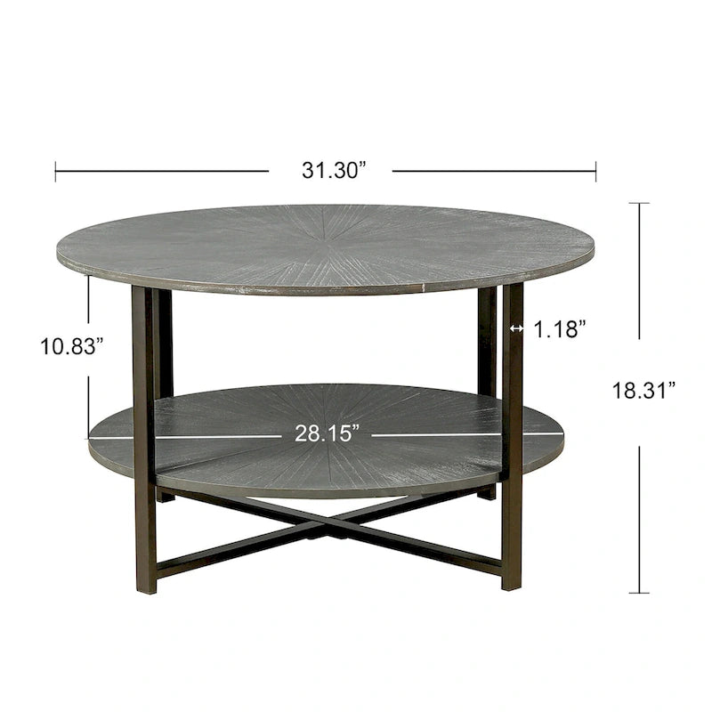 31.5   Farmhouse Round Coffee Table with 2-Tier Storage & Metal Leg