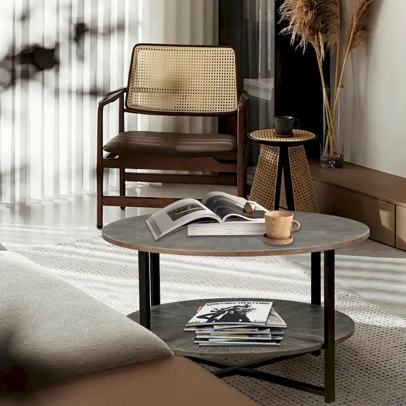 31.5   Farmhouse Round Coffee Table with 2-Tier Storage & Metal Leg