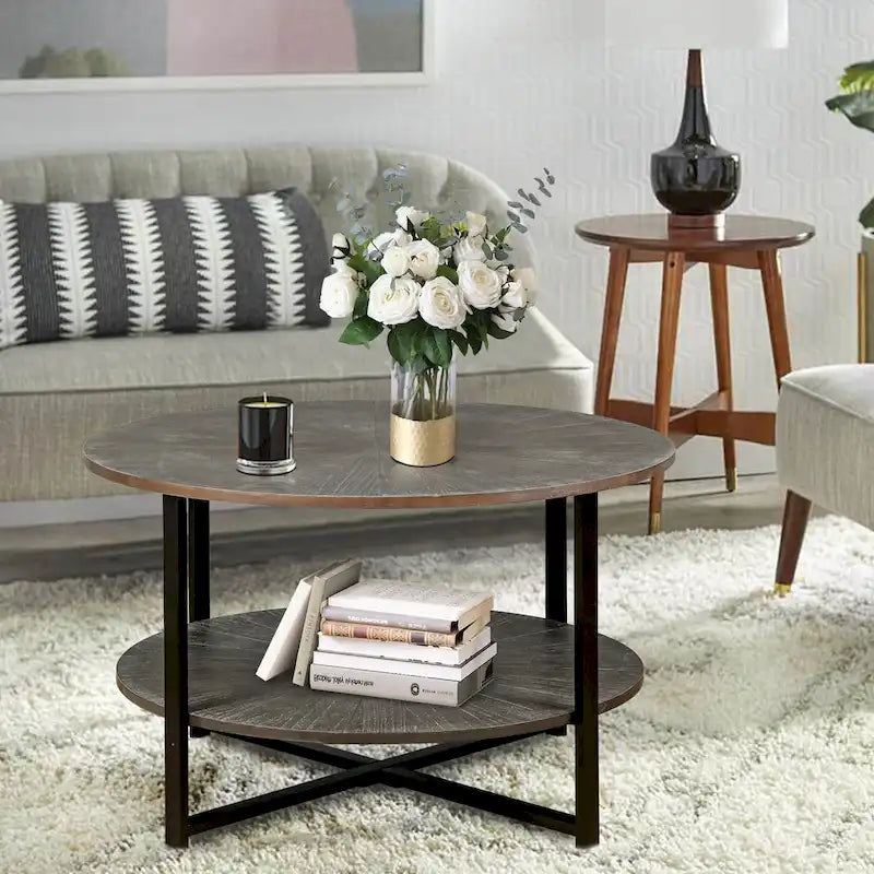31.5   Farmhouse Round Coffee Table with 2-Tier Storage & Metal Leg