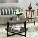 31.5   Farmhouse Round Coffee Table with 2-Tier Storage & Metal Leg