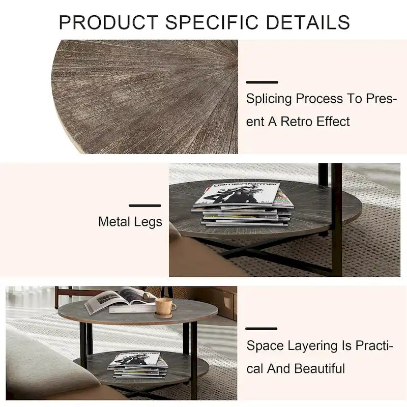 31.5   Farmhouse Round Coffee Table with 2-Tier Storage & Metal Leg