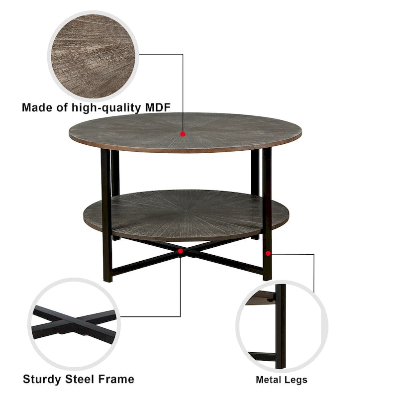 31.5   Farmhouse Round Coffee Table with 2-Tier Storage & Metal Leg