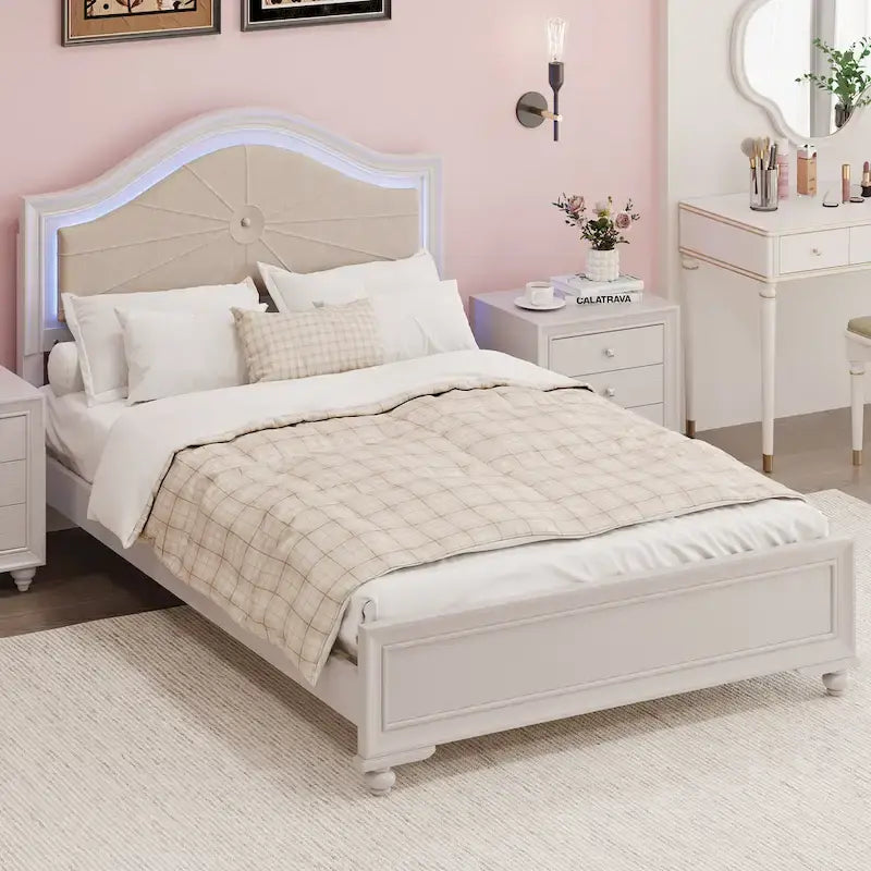 Queen LED Light Upholstered Platform Bed with Adjustable Lighting