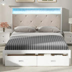Wood Queen Size Platform Bed with Upholstered Headboard and LED and 2 Drawers