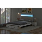 Wood Queen Size Platform Bed with Upholstered Headboard and LED and 2 Drawers