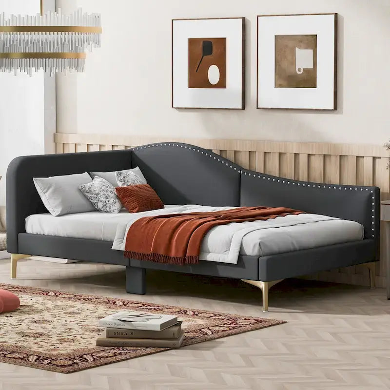 Upholstered Chaise Lounge Side Daybed with Curved Nailhead Trim Guardrail and Headboard, Platform Bed Sofa Bed Recliner Chairs