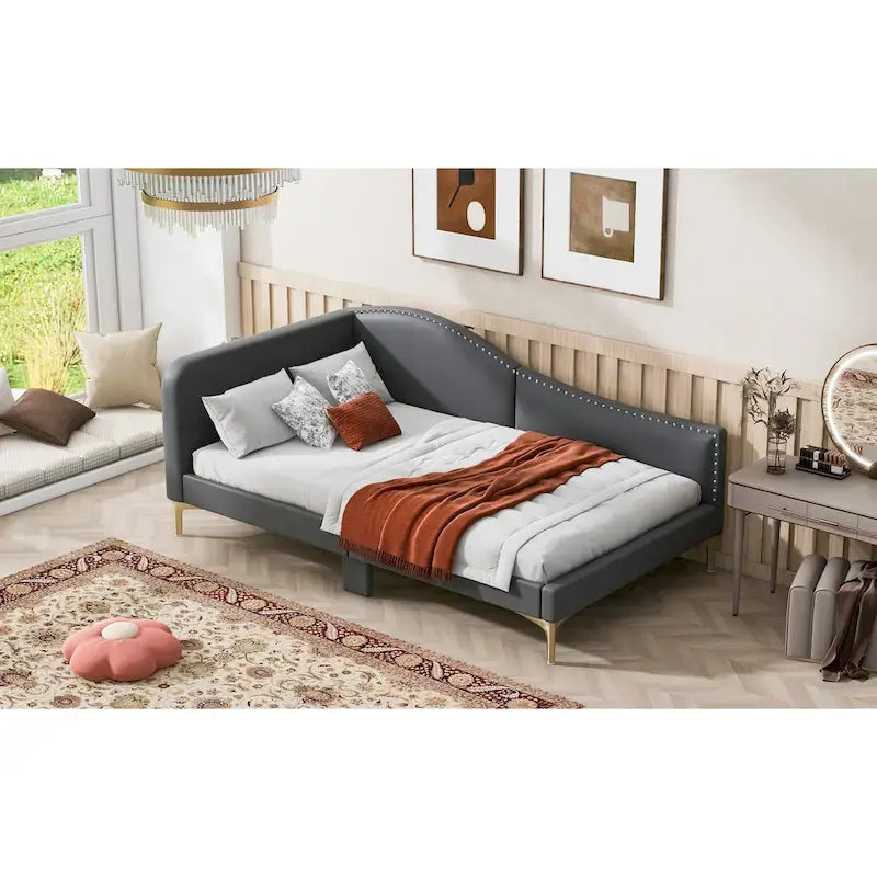 Upholstered Chaise Lounge Side Daybed with Curved Nailhead Trim Guardrail and Headboard, Platform Bed Sofa Bed Recliner Chairs
